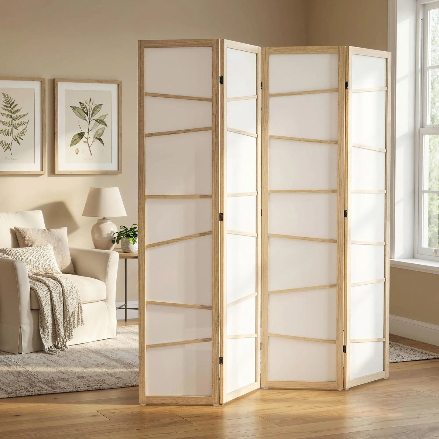 66.9" Folding Room Divider, 4 Panel Wood Frame, Natural Wood Room Dividers at Gallery Canada