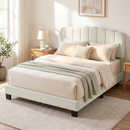 Queen Size Bed Frame, Adjustable Headboard, Linen-Feel Upholstered, Beige Bed Frames at Gallery Canada