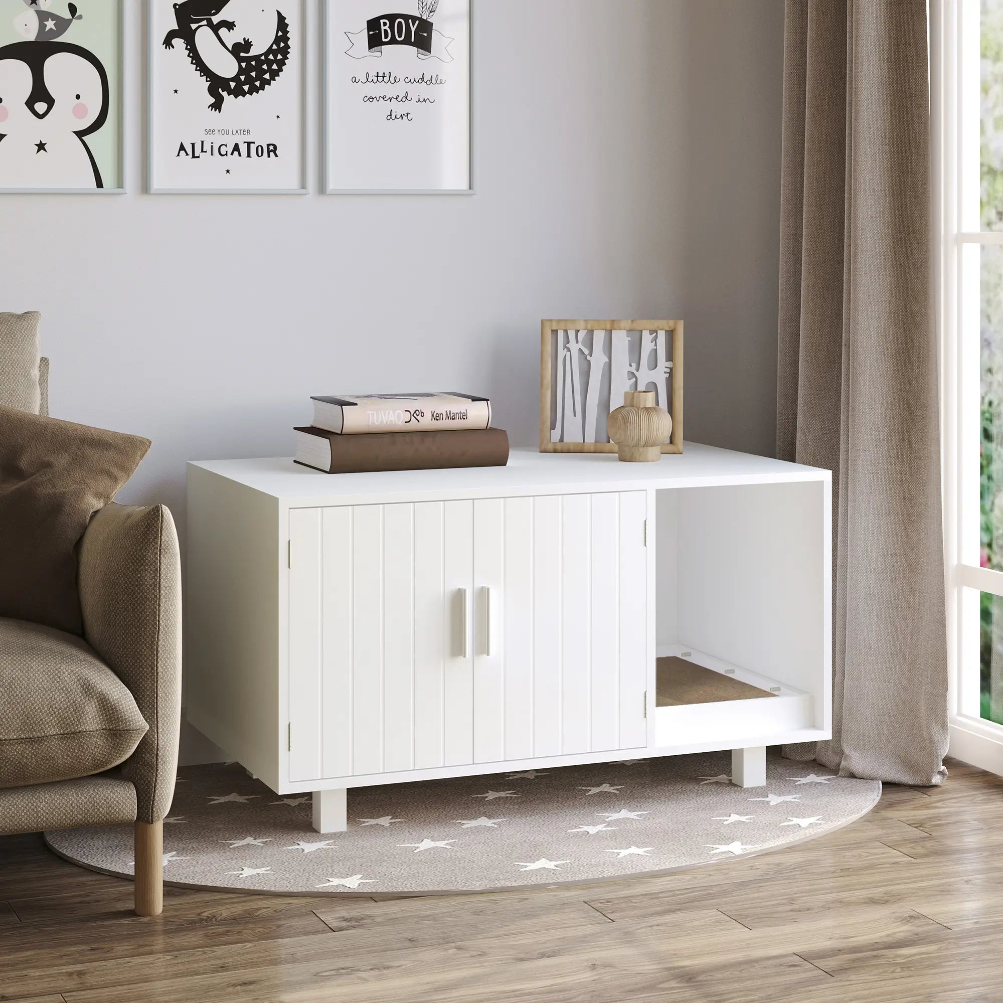 Cat Litter Box Enclosure, Hidden Furniture, End Table with Scratching Pad, White Cat Litter Box Enclosures at Gallery Canada