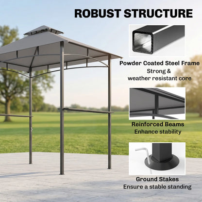 8' x 5' BBQ Grill Gazebo Tent, Double Tiered Canopy, Outdoor Sun Shade, Grey