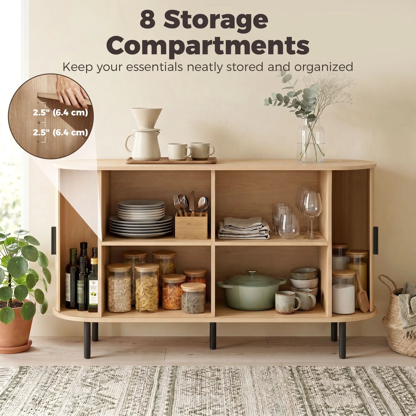 Mid Century Fluted Buffet Cabinet With Sliding Doors, 55", Natural Storage Cabinets at Gallery Canada