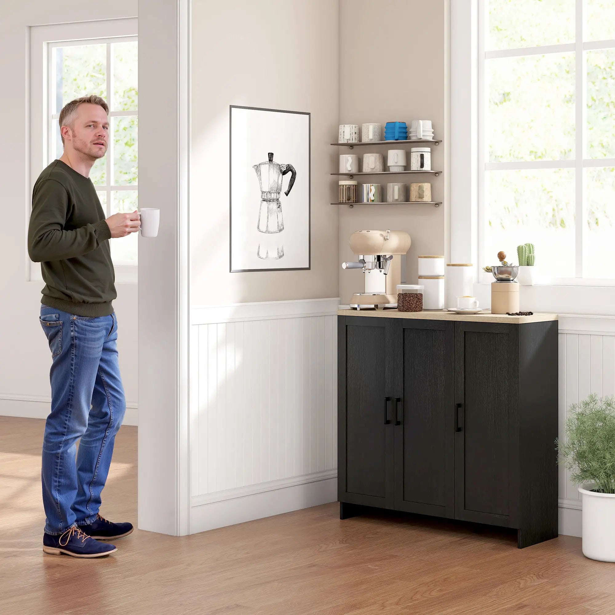 Modern Sideboard Buffet Cabinet, 3 Doors Adjustable Shelves, Black Kitchen Pantry Cabinets at Gallery Canada