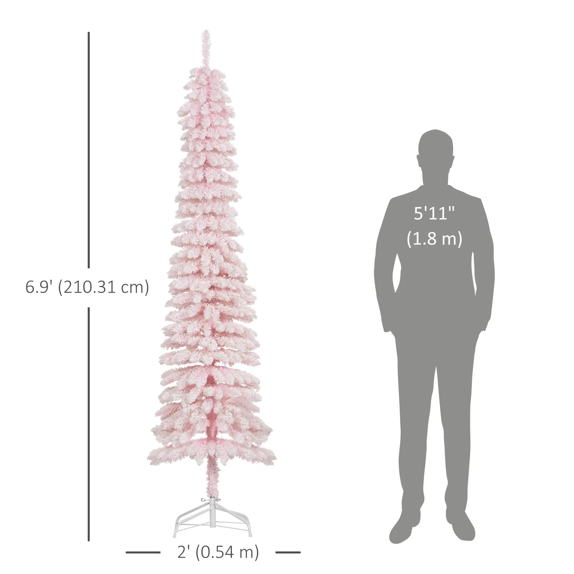 7ft Snow-Flocked Slim Pencil Christmas Tree, 490 Branches, Metal Base, Pink Flocked Christmas Trees at Gallery Canada