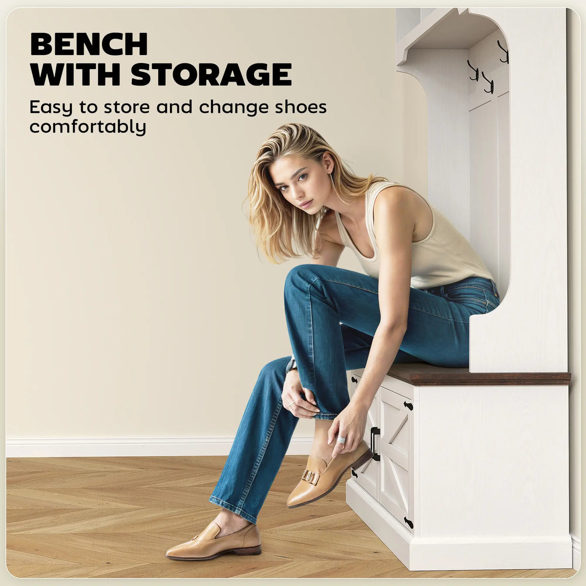 3-in-1 Hall Tree, Bench, Coat Rack with Shoe Storage, White Wood Grain, White Clothing Storage at Gallery Canada