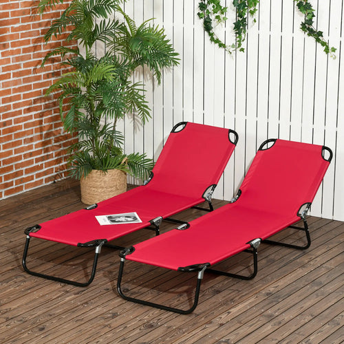Set of 2 Folding Outdoor Lounge Chairs, Reclining Breathable Mesh, Red