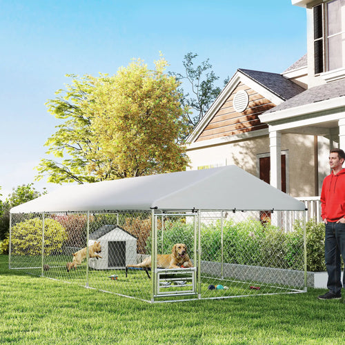 Outdoor Dog Run, Adjustable Rotating Bowls, Waterproof Cover, 19.7' x 7.5' x 5.2'
