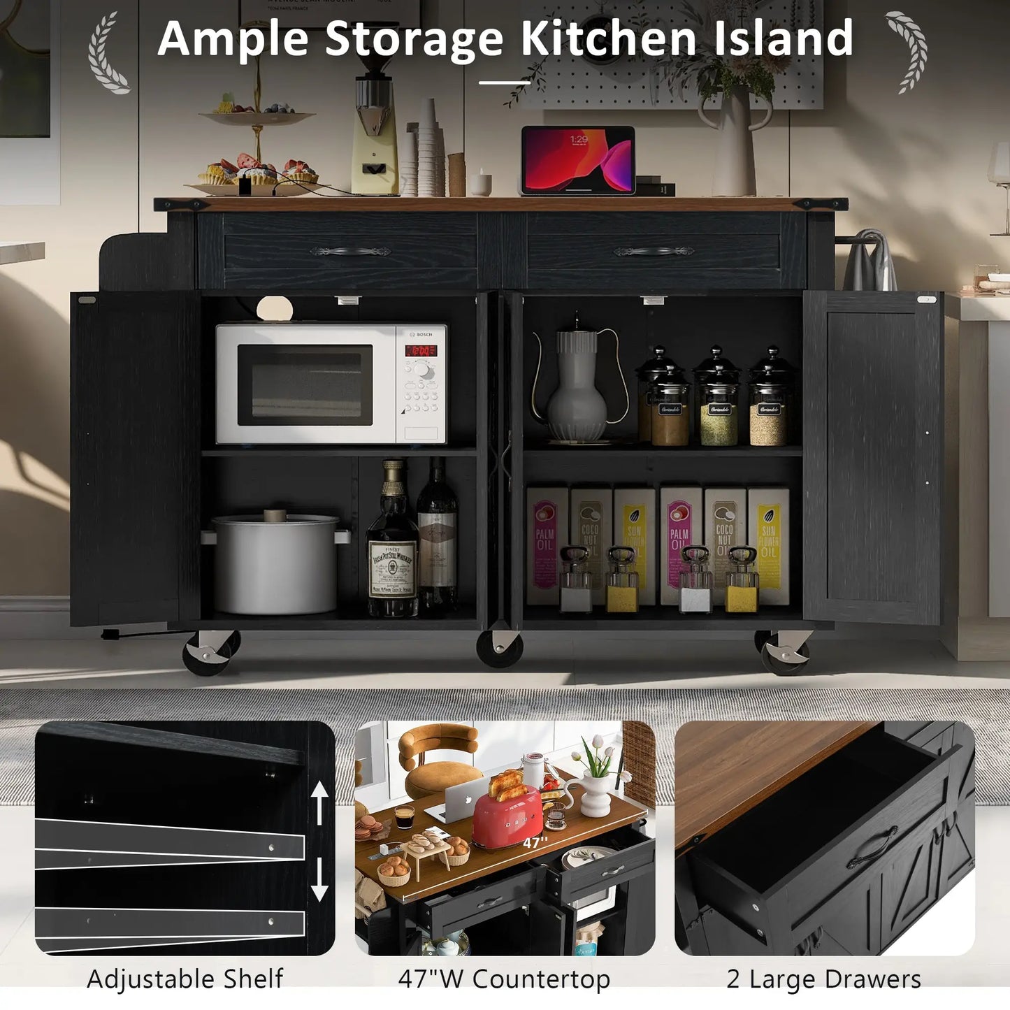 Kitchen Island with Spice Rack, Storage Drawers, Power Outlet, 53.5" L x 29" W x 36.5" H, Black Kitchen Islands & Kitchen Carts at Gallery Canada