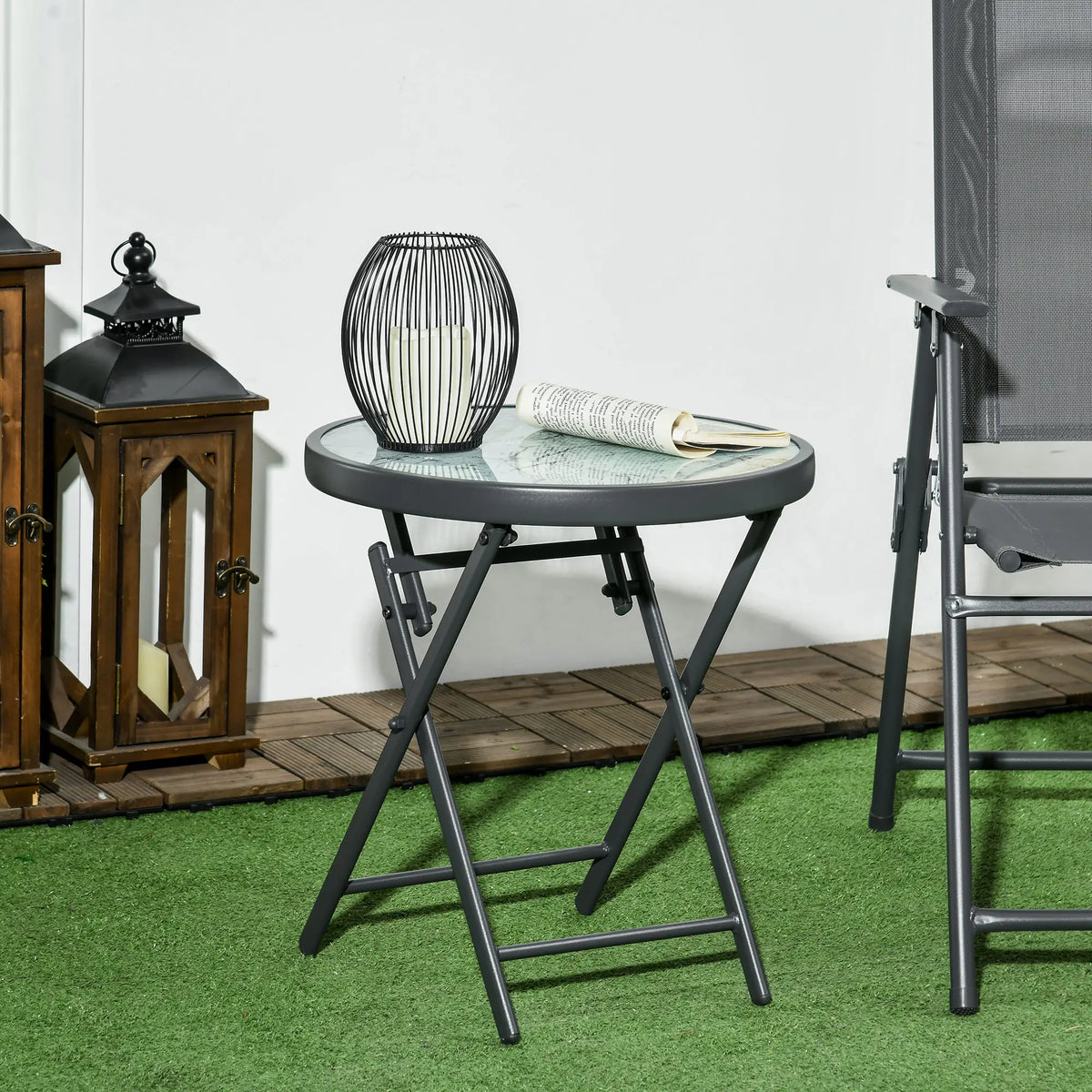 18" Outdoor Round Folding Table, Tempered Glass Top, White Patio Side Tables at Gallery Canada