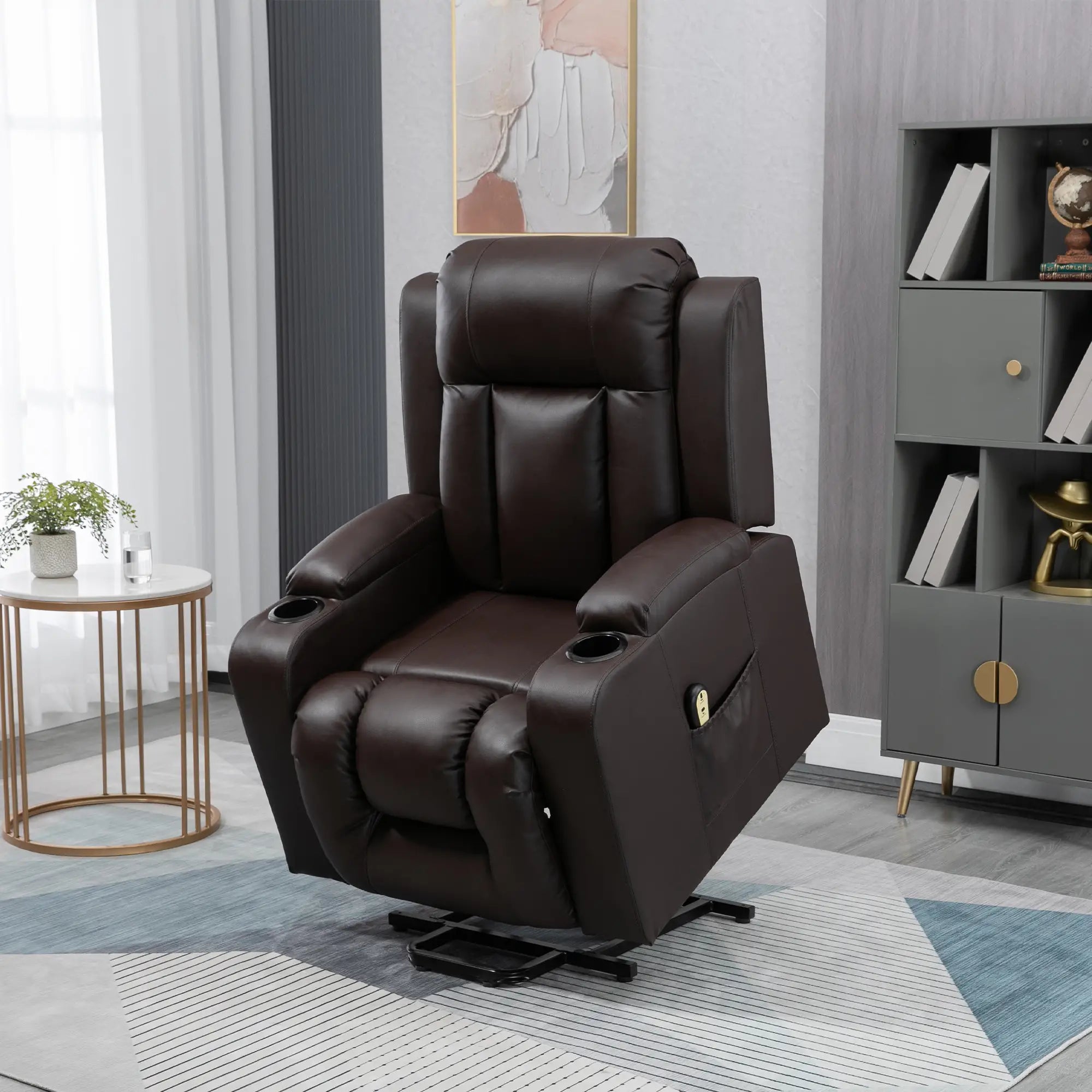 Electric Power Lift Chair, PU Leather Recliner Sofa with Footrest, Remote Control and Cup Holders, Brown Electric Power Lift Chairs at Gallery Canada