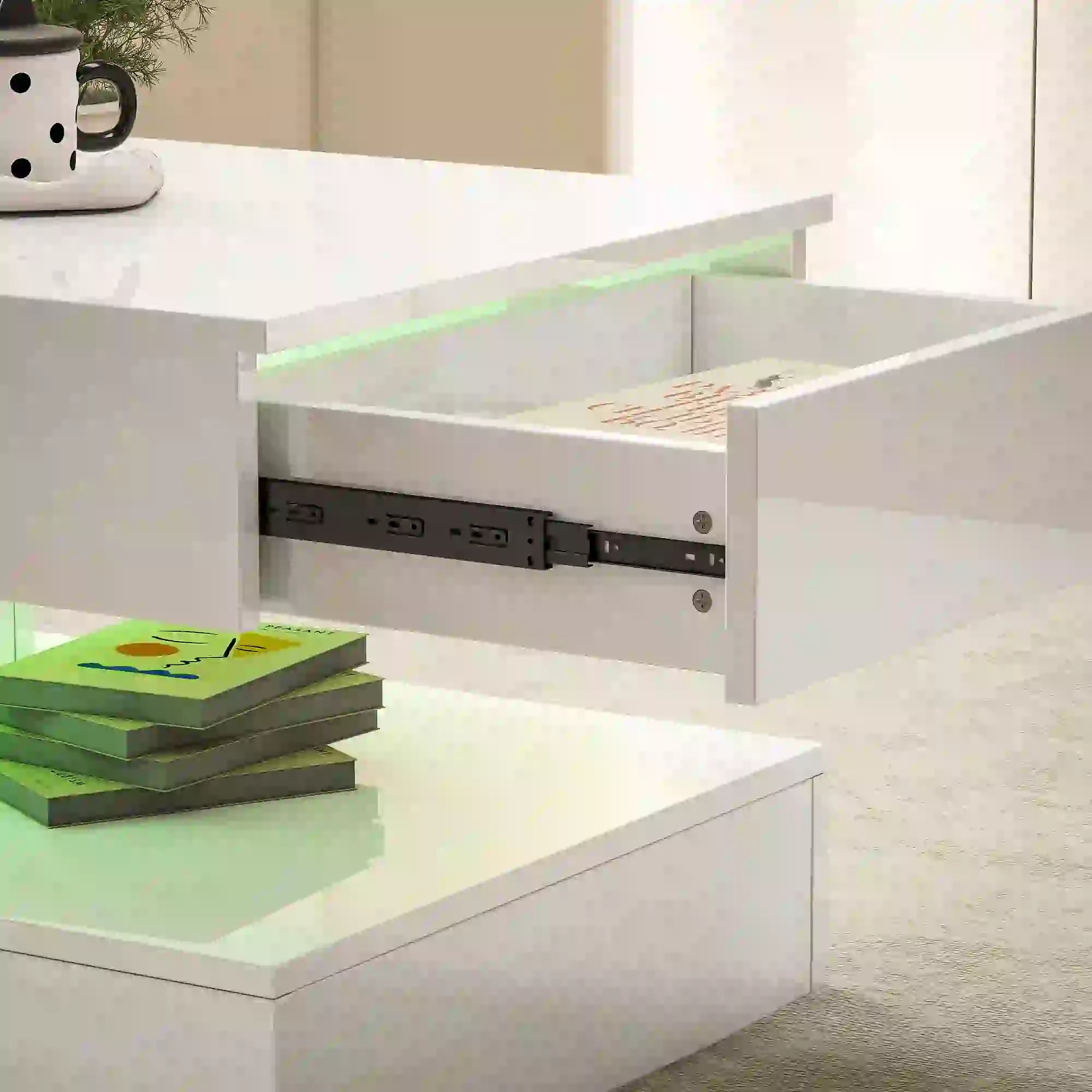 Adjustable LED Coffee Table, 2 Drawers, Open Shelf, Remote, High Gloss White, White Coffee Tables at Gallery Canada