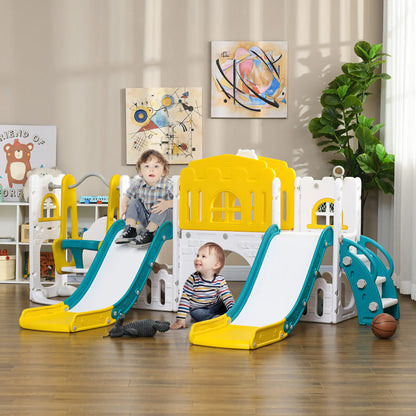 8 in 1 Slide Swing Set, Baby Swing with Basketball Hoop, Climber, Steering Wheel, Ages 1-3, Yellow Gym Sets & Swings at Gallery Canada