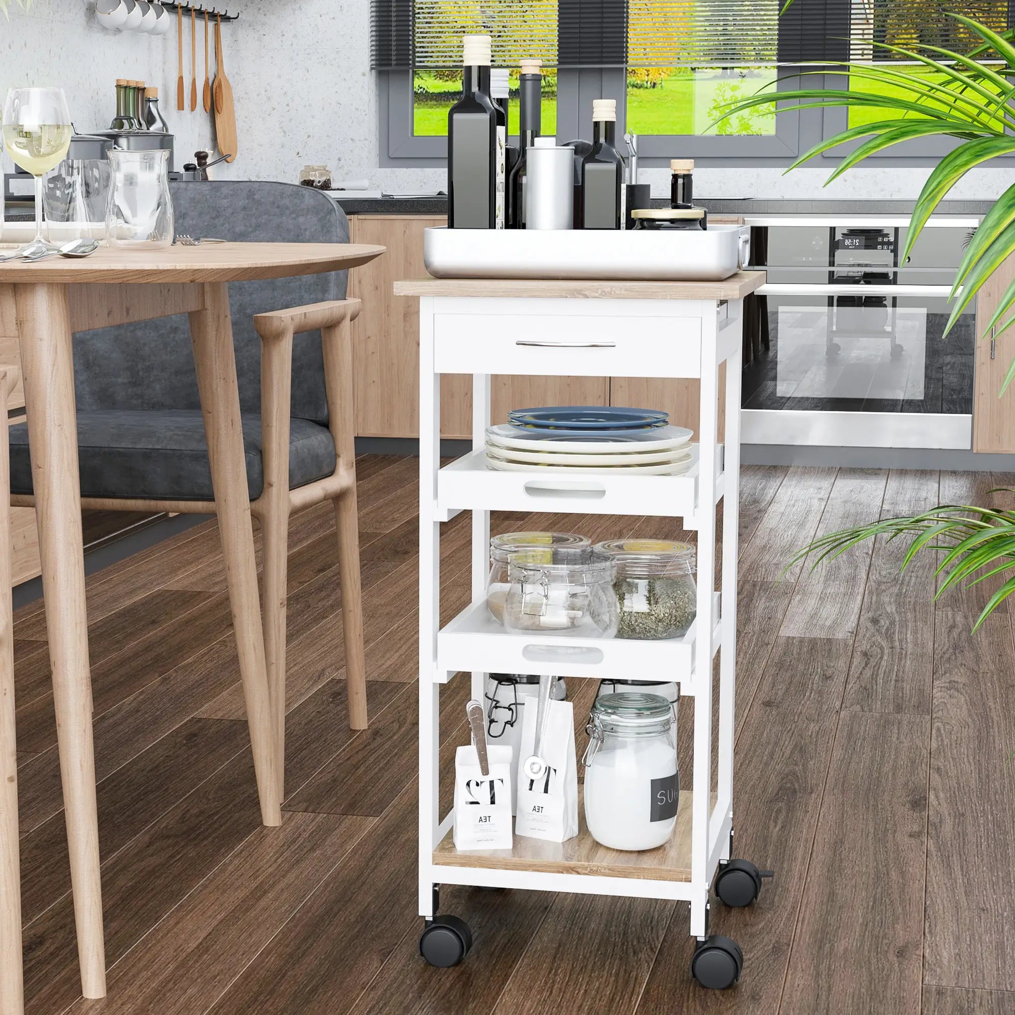 4-Tier Kitchen Cart, Removable Serving Tray, Wheels with Drawer, White Kitchen Islands & Kitchen Carts at Gallery Canada