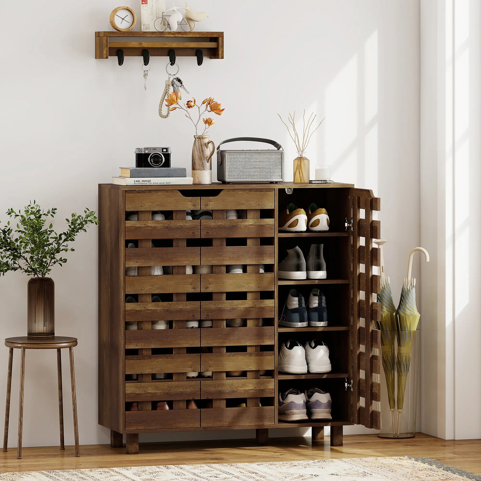 Shoe Cabinet, 21 Pair Storage, Hollowed-Out Doors, Distressed Brown Shoe Storage Cabinets & Racks at Gallery Canada