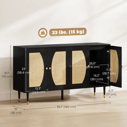 55" Sideboard Buffet Cabinet, Boho Storage With Adjustable Shelves, Black Storage Cabinets at Gallery Canada