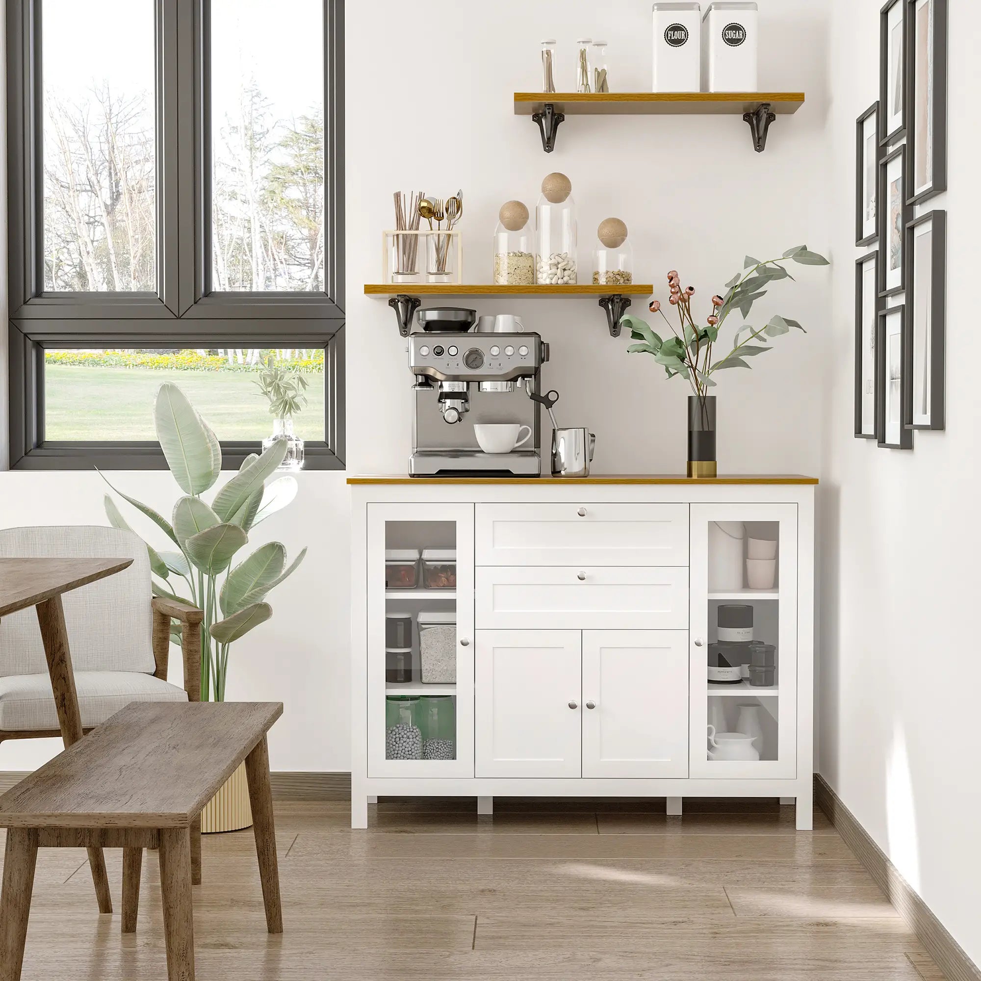 White Buffet Cabinet, 2 Drawers, 3 Cabinets, Glass Doors, Adjustable Shelves, White Bar Cabinets at Gallery Canada