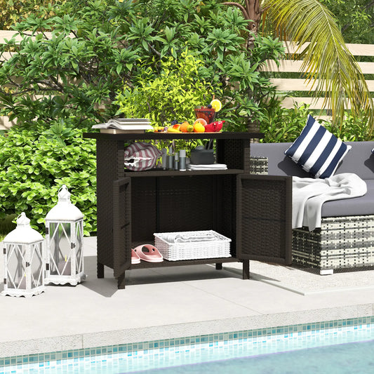 Wicker Outdoor Storage Cabinet, Two Doors With Shelf, Dark Coffee