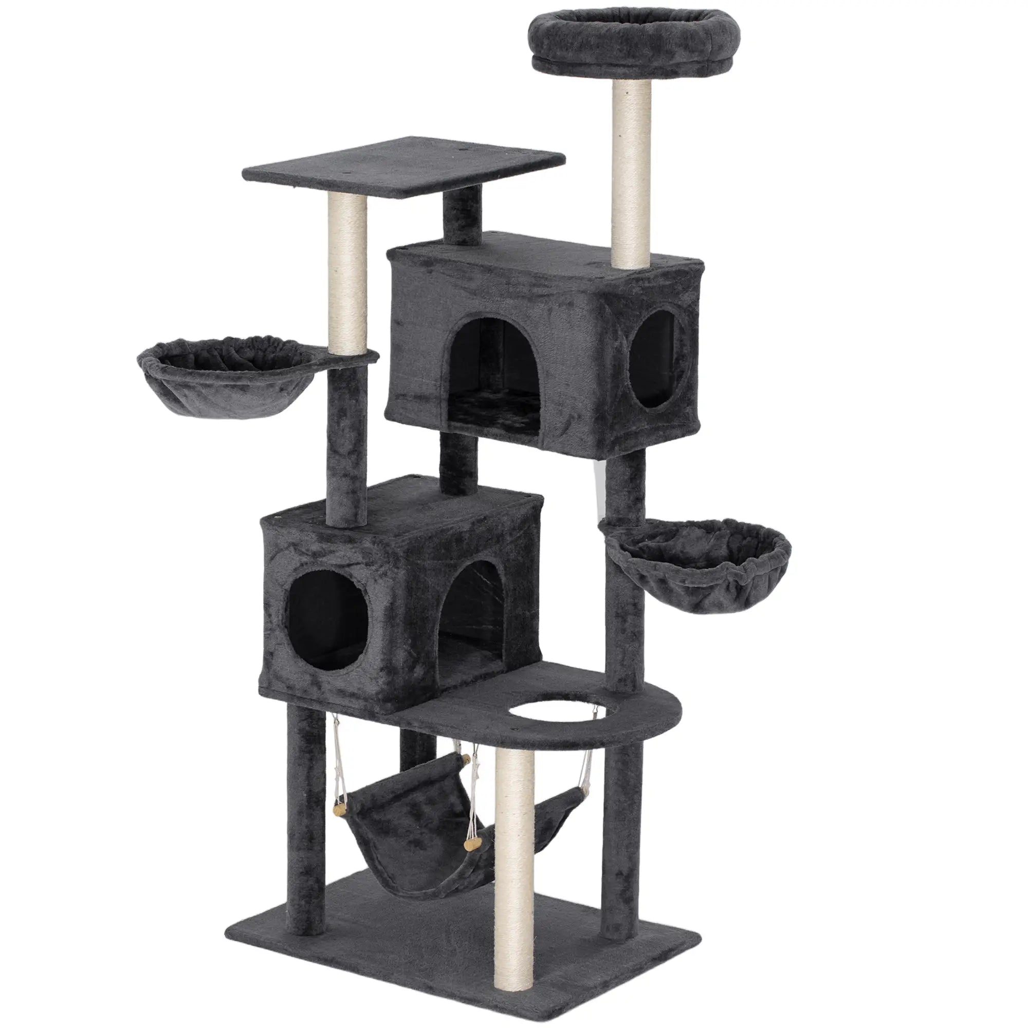 66 Inch Large Cat Tree, 2 Door Condos, 3 Hammocks, Plush Perch, Sisal Posts, Dark Grey Cat Trees Dark Grey at Gallery Canada