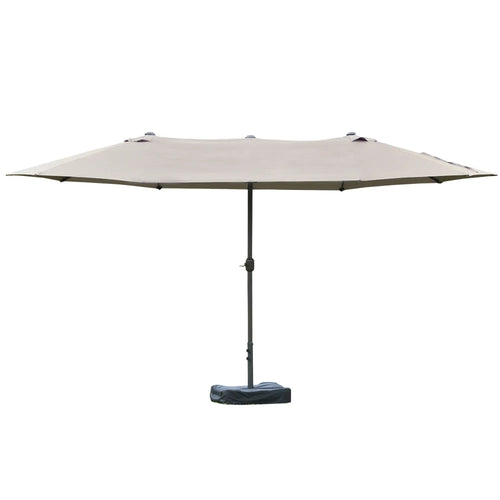 15' Outdoor Patio Umbrella, Twin Canopy Sunshade, Steel Table, Light Grey