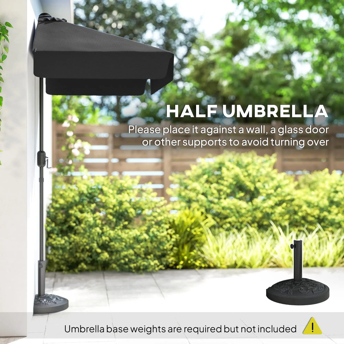 7.5ft Half Umbrella, Semi Round Patio Parasol, Crank Handle, Top Vent, Black