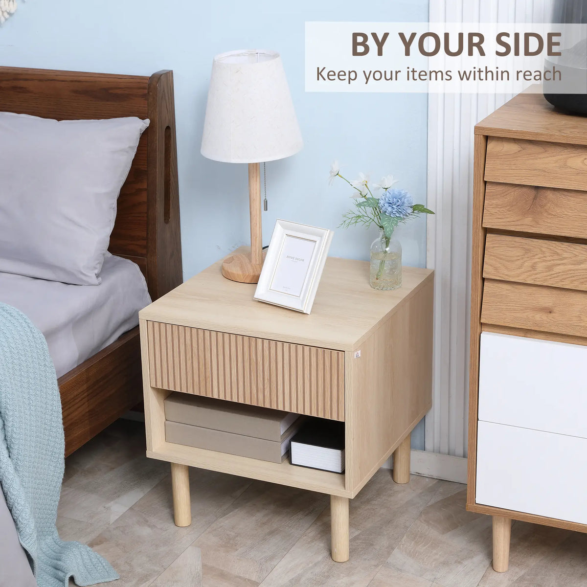 Modern Bedside Table with Drawer, Open Shelf, Natural Bedside Tables at Gallery Canada