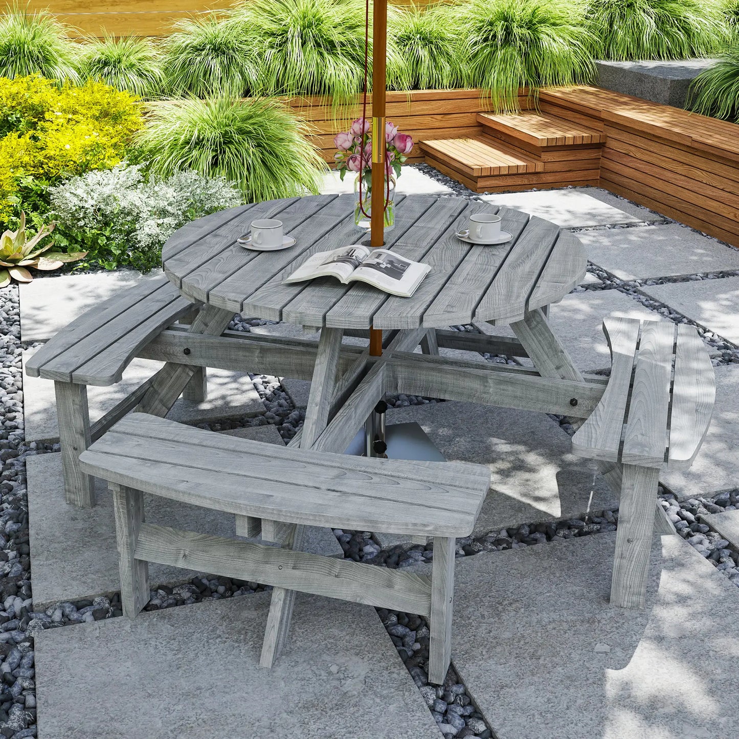 8 Seater Round Wooden Pub Bench, Patio Dining Set, Outdoor Patio Outdoor Dining Sets at Gallery Canada