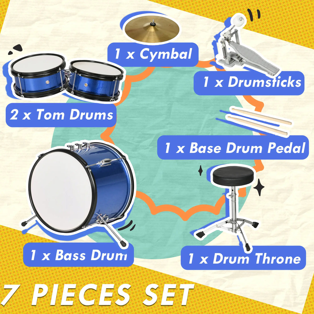 7 Piece Kids Drum Set, Throne, Cymbal, Pedal, Drumsticks, Blue Electronic Musical Pianos at Gallery Canada