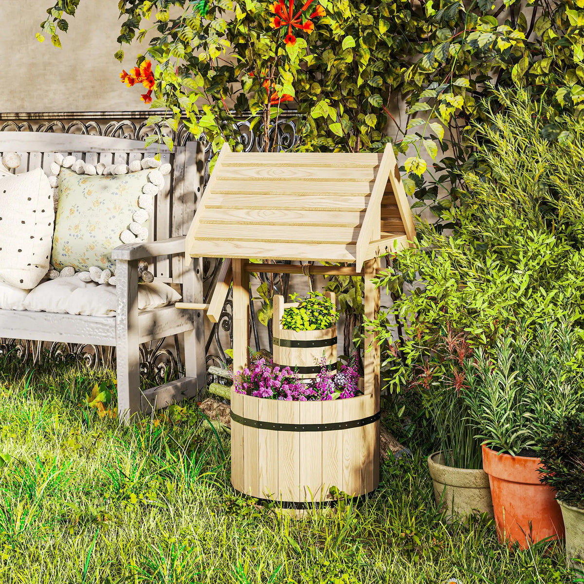 Wood Wishing Well Planter With Hanging Bucket, Natural Water Fountains at Gallery Canada