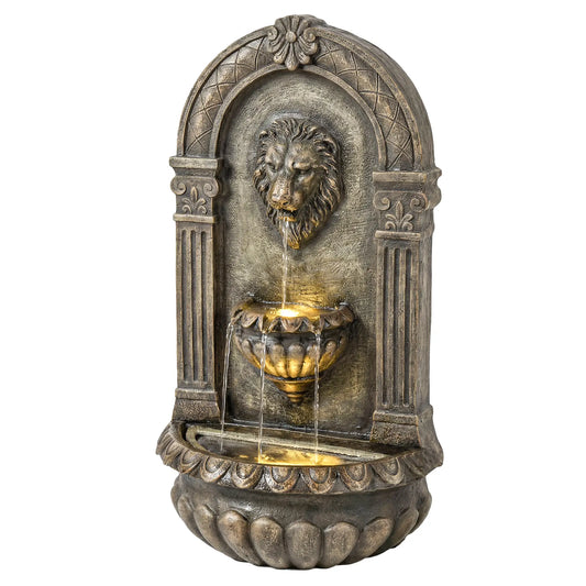 Wall Mounted 3 Tier Outdoor Fountain, Resin Waterfall With LED Lights, Rustic Brown Water Fountains Rustic Brown at Gallery Canada
