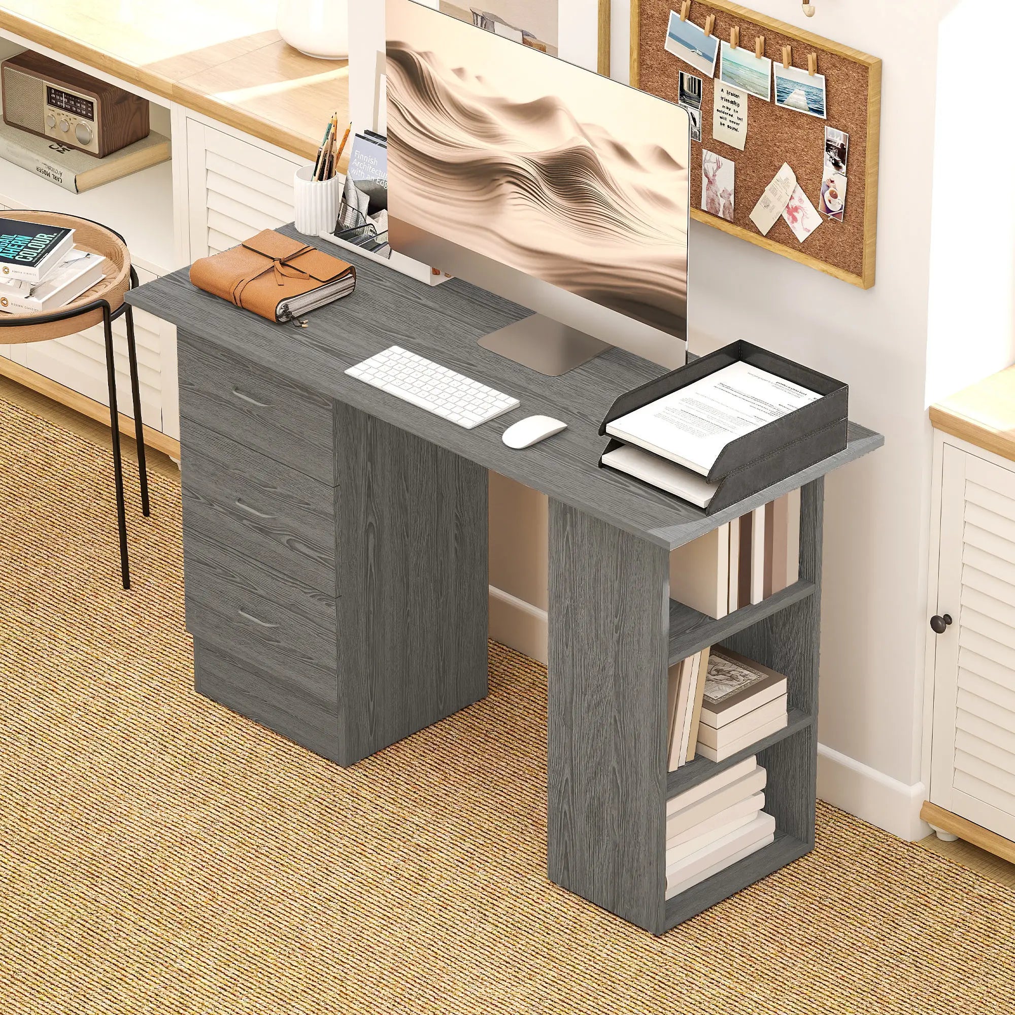 47 Inches Office Desk, 3-Tier Storage Shelves, Drawers, Grey Computer Desks at Gallery Canada