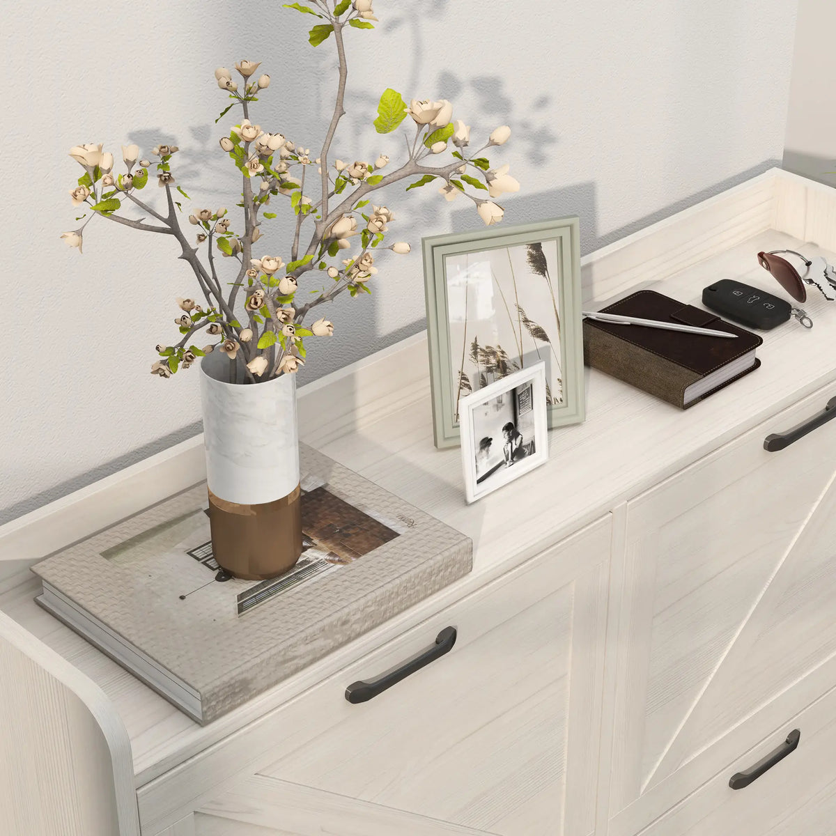 Narrow Shoe Storage Cabinet, 4 Flip Drawers, Adjustable Shelves, 16 Pair, White Oak Shoe Storage Cabinets & Racks at Gallery Canada