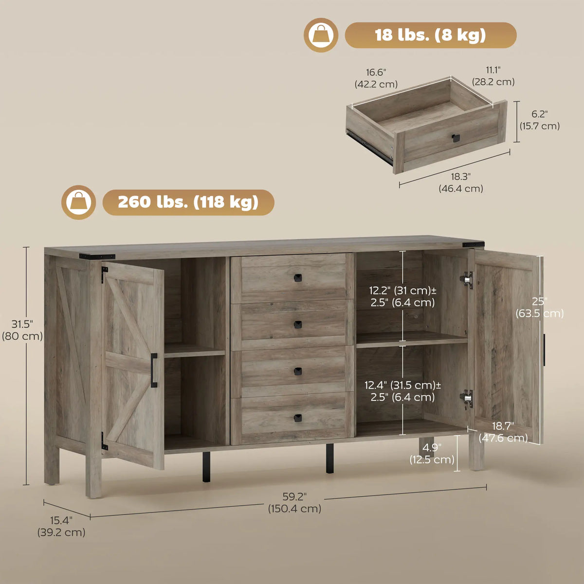 59" Buffet Cabinet, Farmhouse Sideboard, 2 Barn Doors, 4 Drawers, Grey Storage Cabinets at Gallery Canada