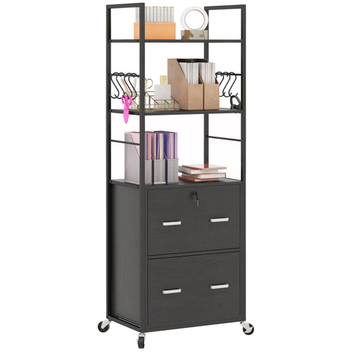 Mobile 2 Drawer File Cabinet, Adjustable Hanging Bar, Letter A4 Legal Size, Black