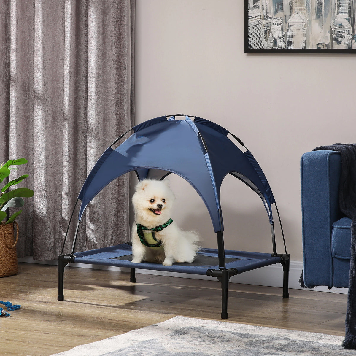 Portable Raised Dog Cot with Canopy, Medium Size, Dark Blue Elevated Dog Beds at Gallery Canada