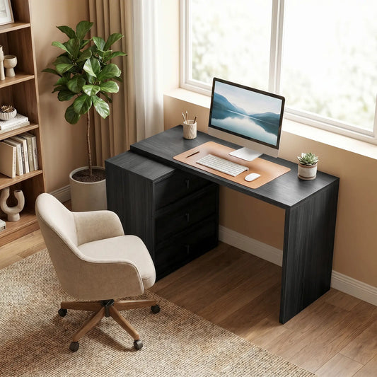 L-Shaped Computer Desk, 3 Drawers, Black Wood Grain, Black Computer Desks Black at Gallery Canada
