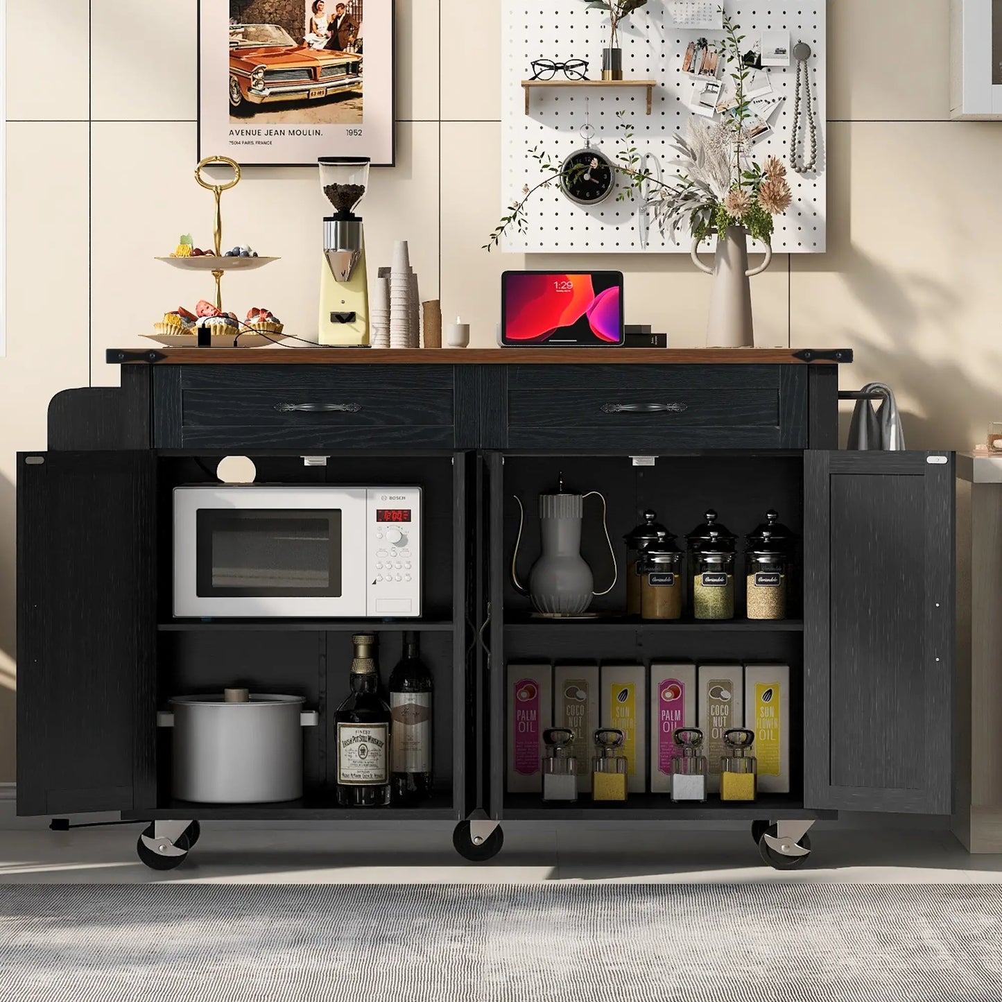 Kitchen Island with Spice Rack, Storage Drawers, Power Outlet, 53.5" L x 29" W x 36.5" H, Black Kitchen Islands & Kitchen Carts at Gallery Canada