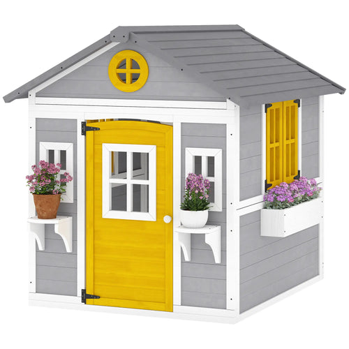 Wooden Playhouse For Kids, With Door, Windows, Planter Pots, Grey