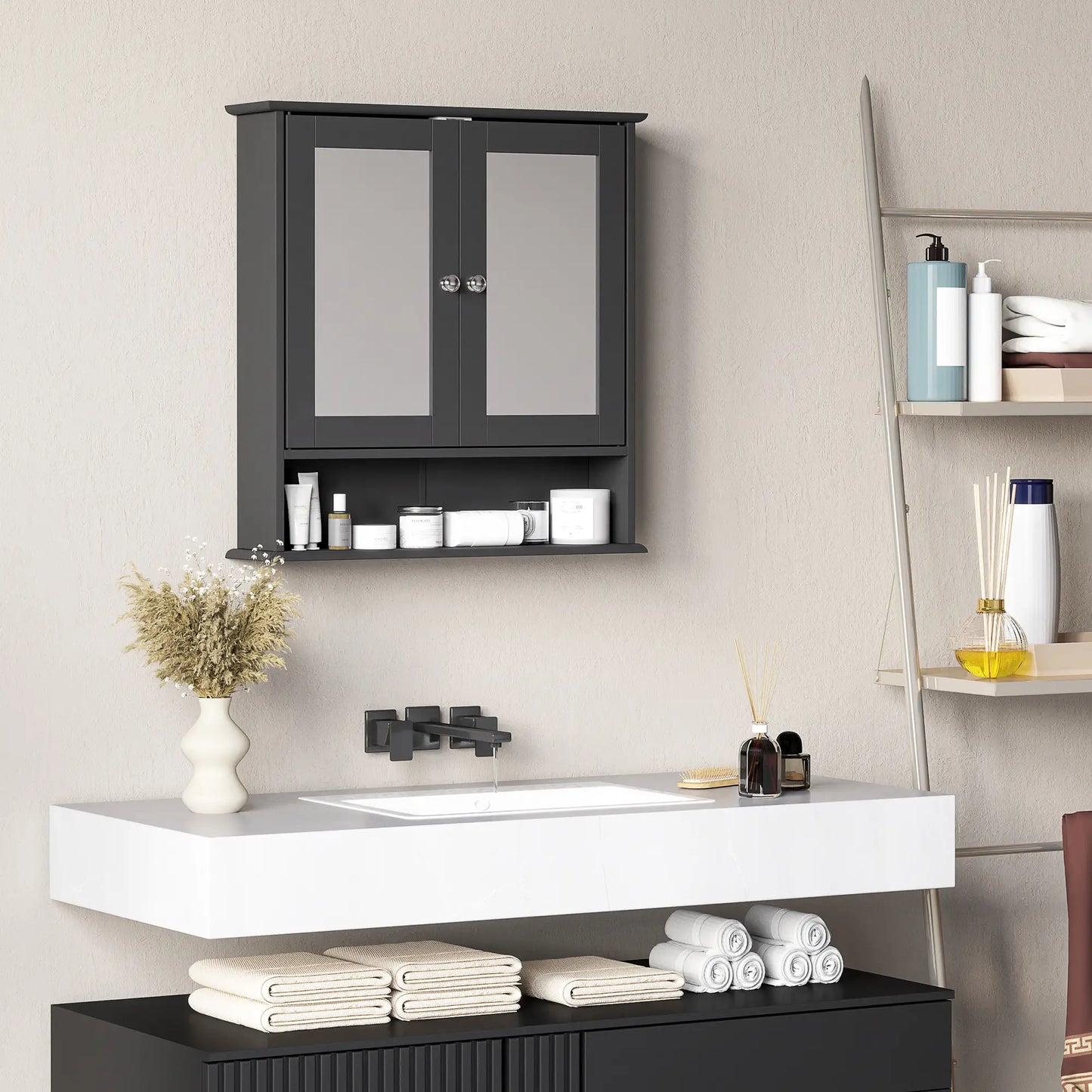 Wall-Mounted Medicine Cabinet, Double Doors, Open Shelf, Adjustable, Black Mirror Medicine Cabinets at Gallery Canada