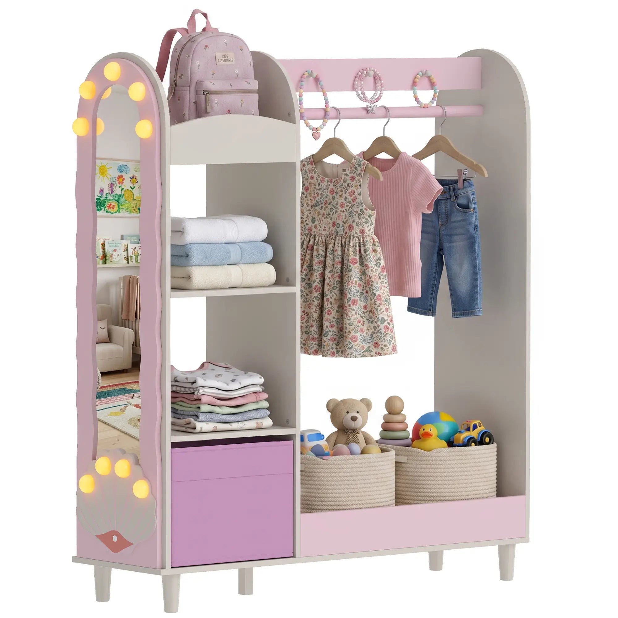 Kids Clothing Rack with Mirror, Drawer & Shelves, Pink Kids Bedroom Furniture at Gallery Canada