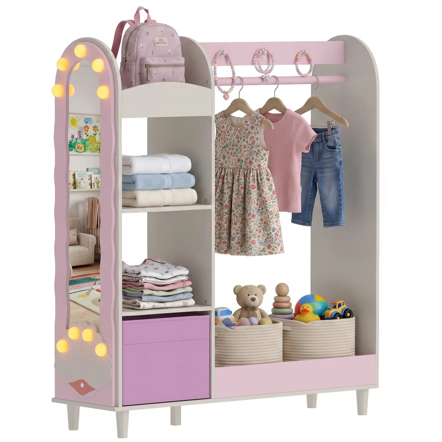 Kids Clothing Rack with Mirror, Drawer & Shelves, Pink Kids Bedroom Furniture at Gallery Canada