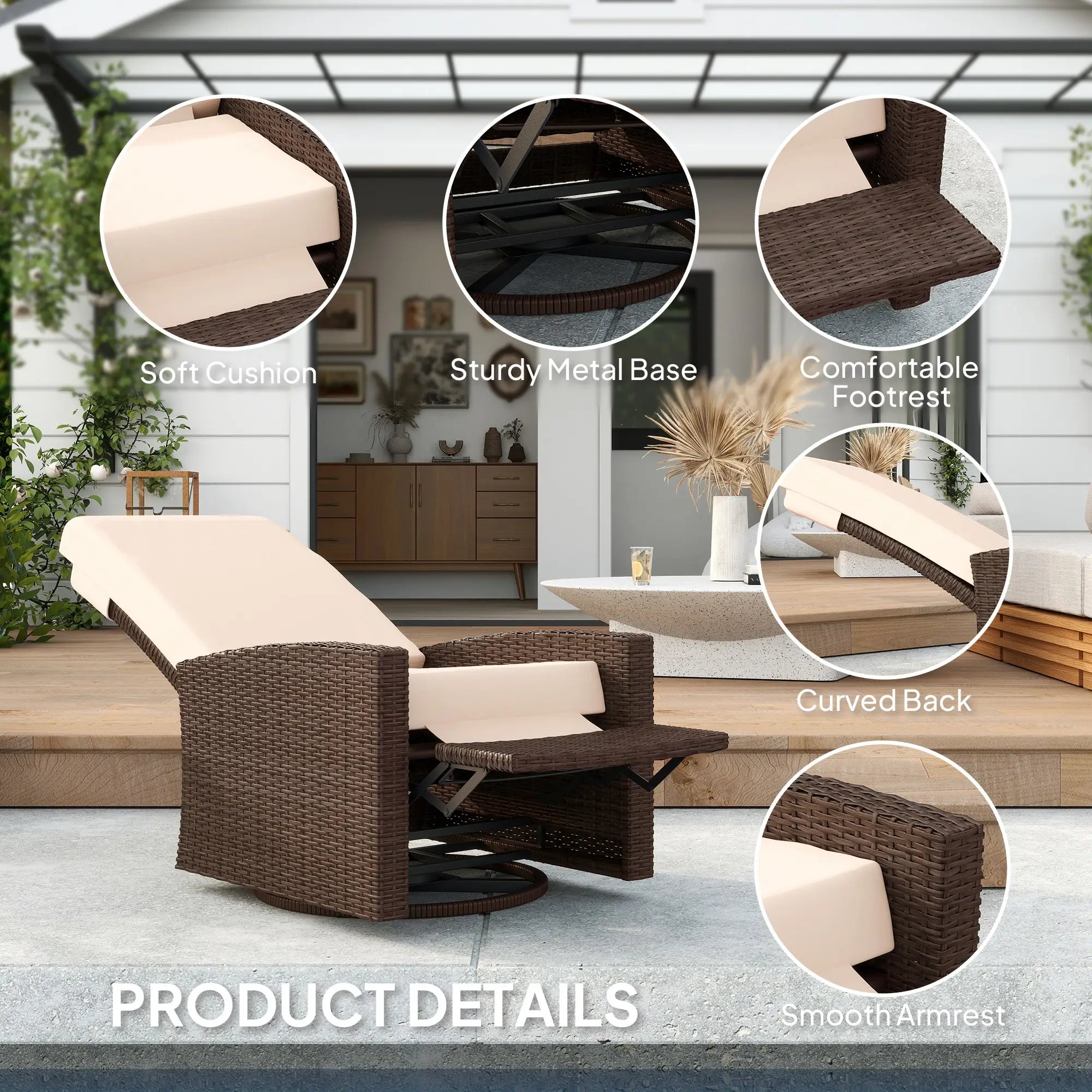 Outdoor Rattan Lounge Chair with Footrest, Soft Cushion, Cream White Patio Chairs at Gallery Canada