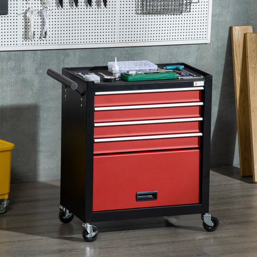 4-Drawer Tool Chest, Rolling Storage Cabinet, Portable Organizer, Red