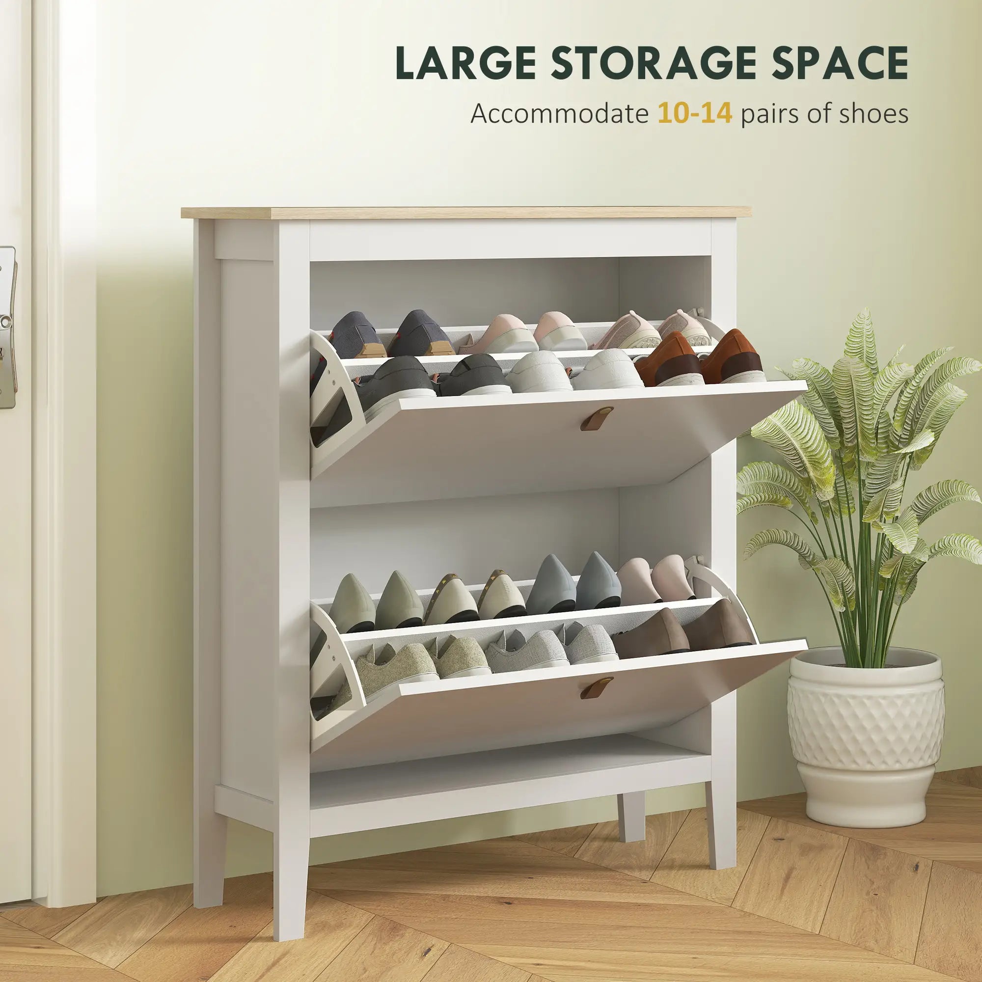 Narrow Shoe Cabinet, 2 Flip Drawers, Adjustable Shelves, Holds 10-14 Pairs, White Shoe Storage Cabinets & Racks at Gallery Canada
