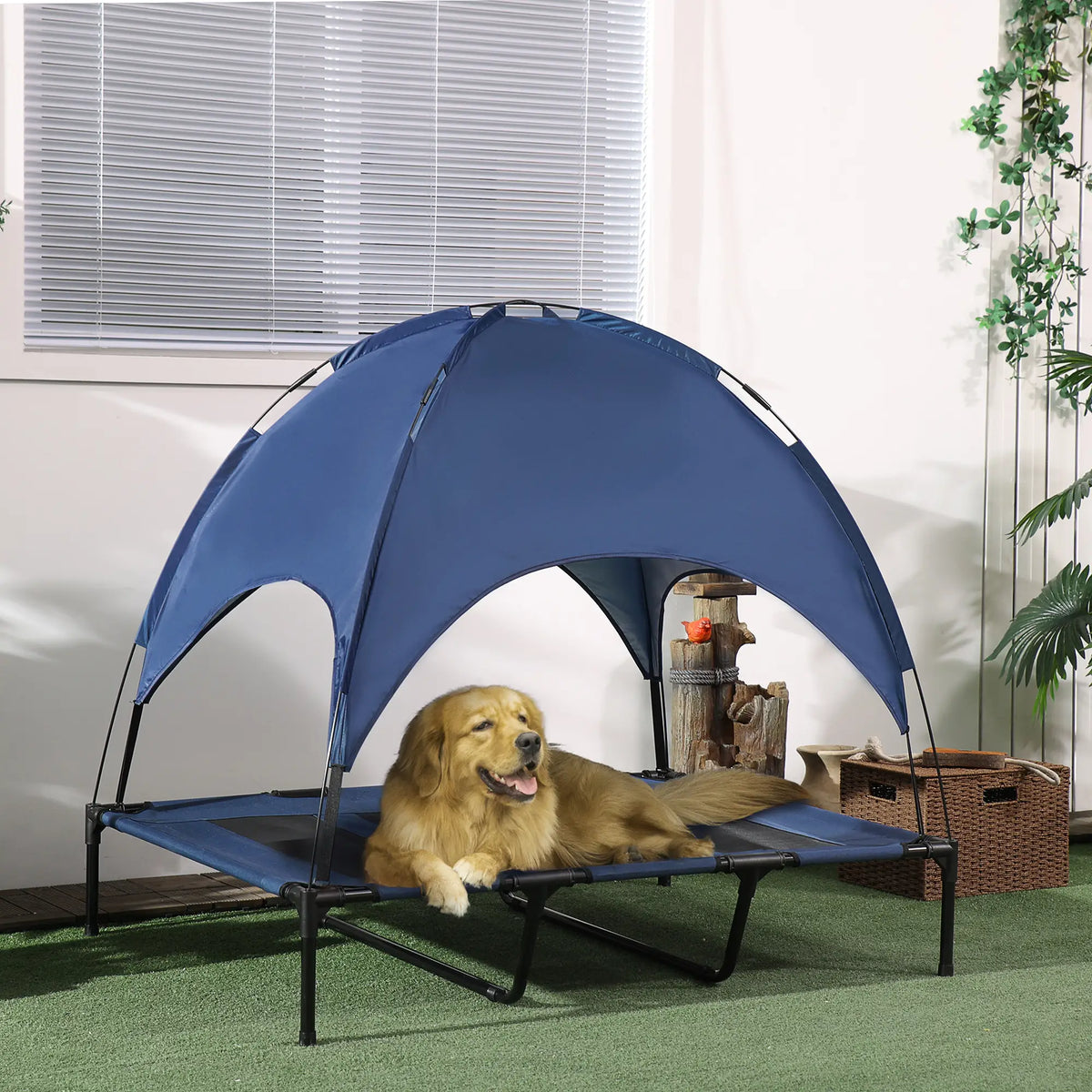 Portable Raised Dog Cot with Canopy, XL Size, Dark Blue Elevated Dog Beds at Gallery Canada
