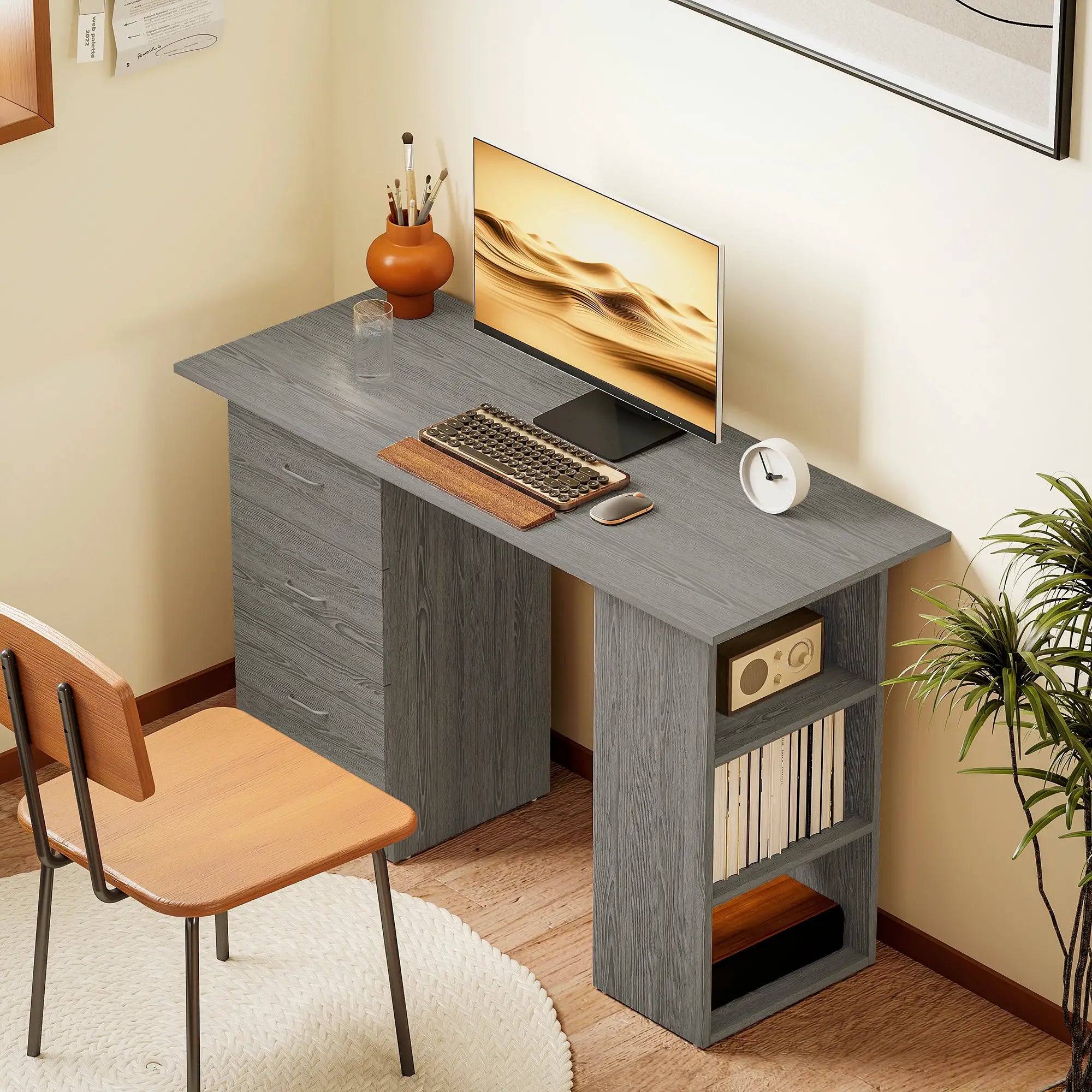 47 Inches Office Desk, 3-Tier Storage Shelves, Drawers, Grey Computer Desks at Gallery Canada
