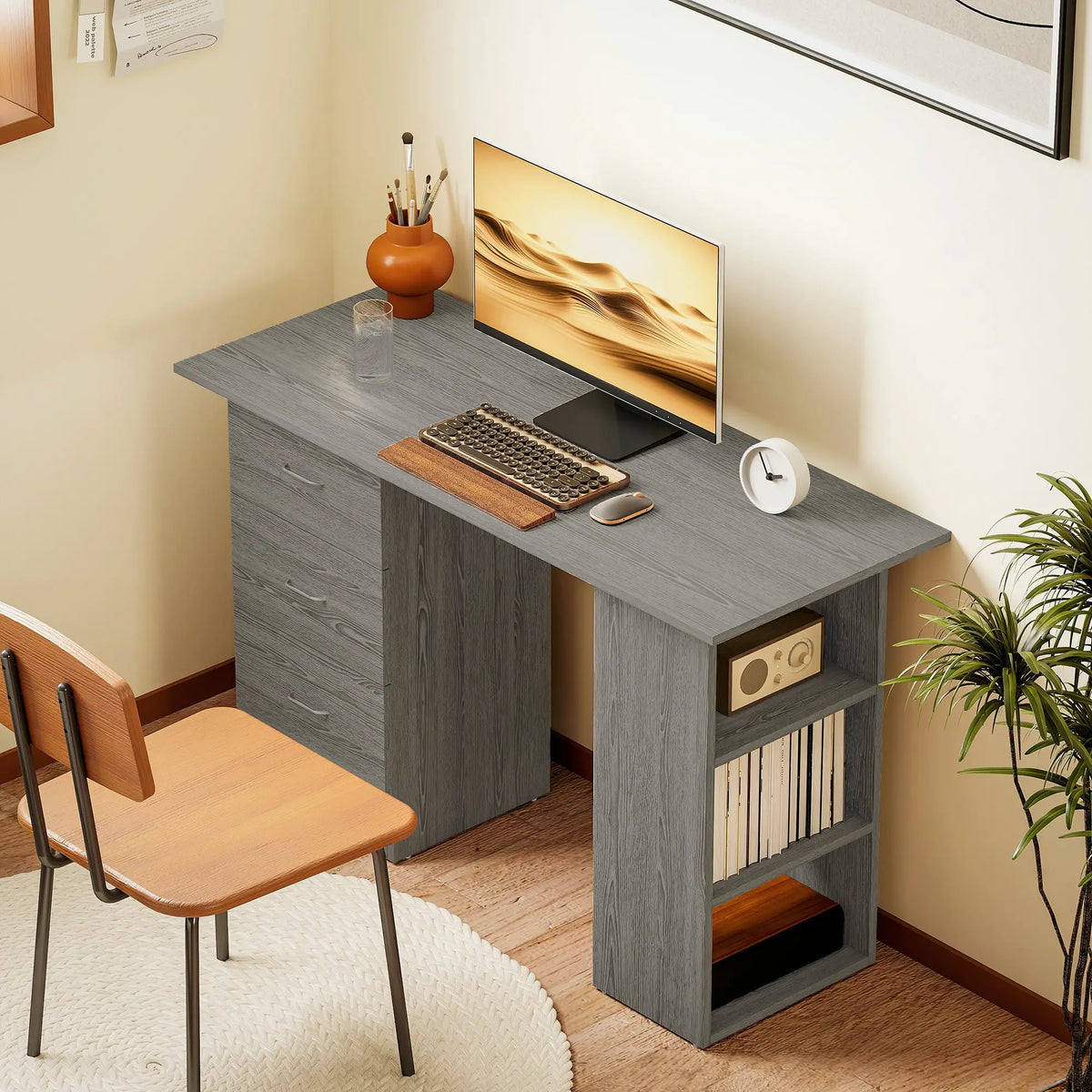 47 Inches Office Desk, 3-Tier Storage Shelves, Drawers, Grey Computer Desks at Gallery Canada