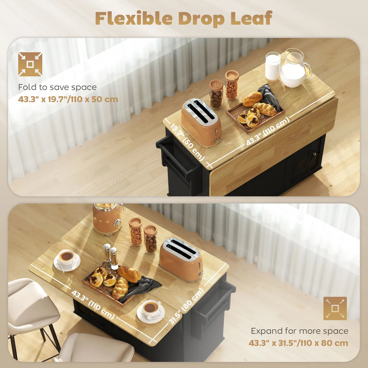Kitchen Island Cart, Portable Table with Charging Station, Rubber Wood Drop Leaf, Trash Storage, Black Kitchen Islands & Kitchen Carts at Gallery Canada