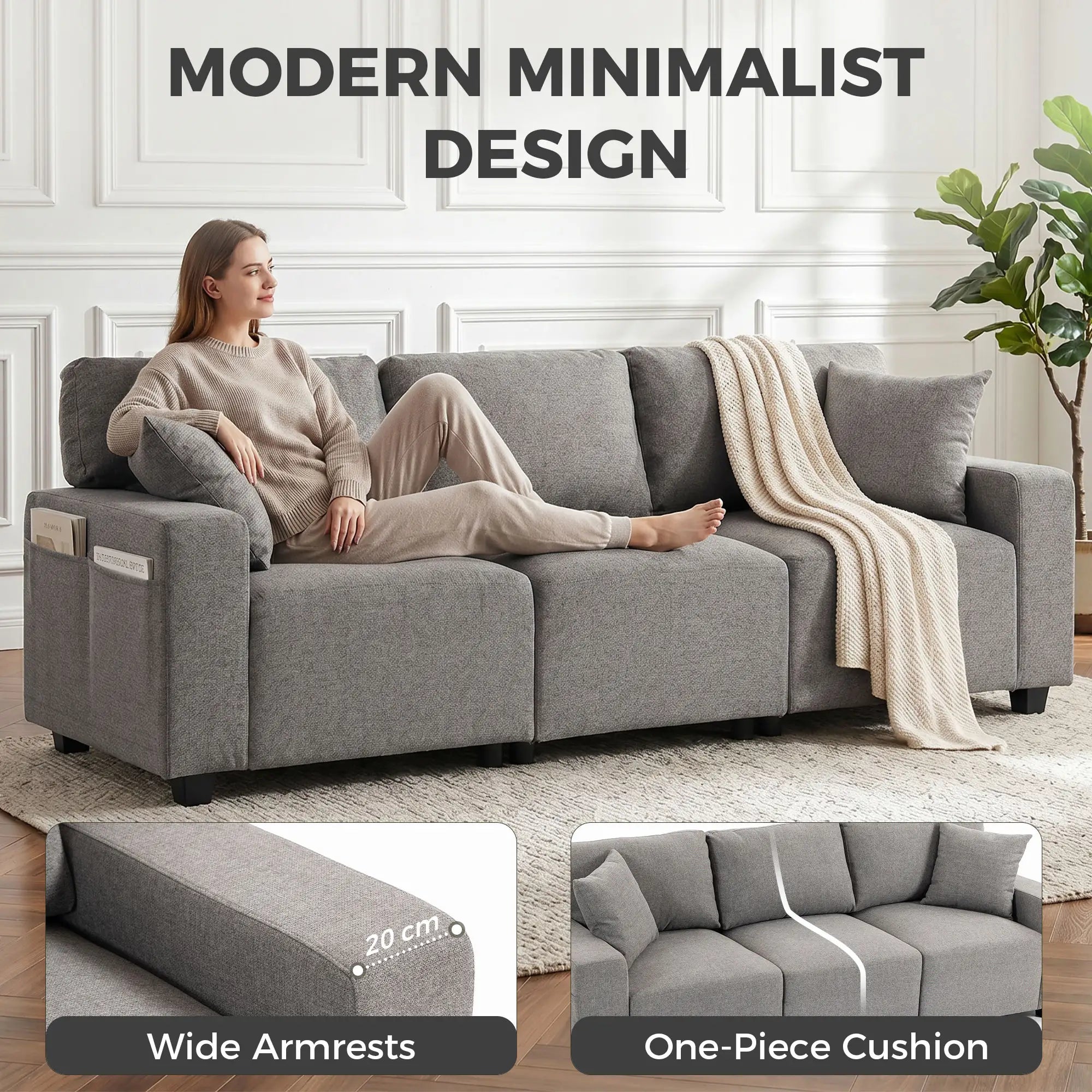 3-Seater Sofa With Storage Pockets, Grey 3-Seater Sofas at Gallery Canada