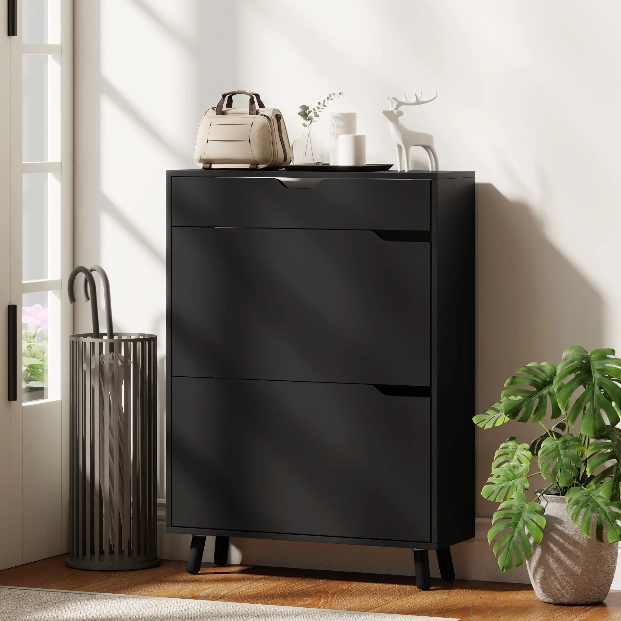 Narrow Shoe Cabinet, 2 Flip Drawers, Top Drawer, Adjustable Shelves, Black Shoe Storage Cabinets & Racks at Gallery Canada
