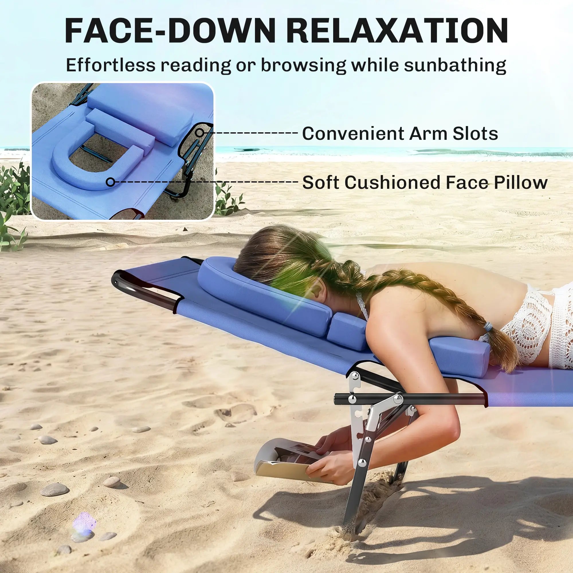 Adjustable Outdoor Lounge Chair, Folding Chaise with Face Hole, Blue Lounger Chairs at Gallery Canada