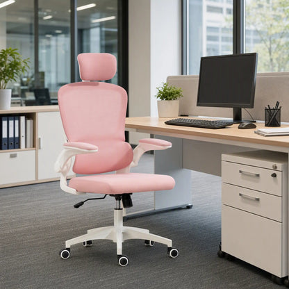 Ergonomic Mesh Office Chair, High Back, Rotatable Headrest, Flip-Up Armrests, Lumbar Support, Pink Task Chairs at Gallery Canada
